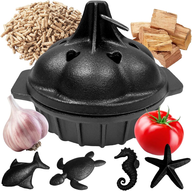 ENEM Small Cast Iron Garlic Roaster with 4 Iron Fish, Pre-Seasoned Smoker Roaster, Garlic Cooker, Garlic Roasting Pot, Mini Cocotte Garlic Potato Baker, Wood Chip Smoker Box for BBQ Meats Vegetables - Image 1